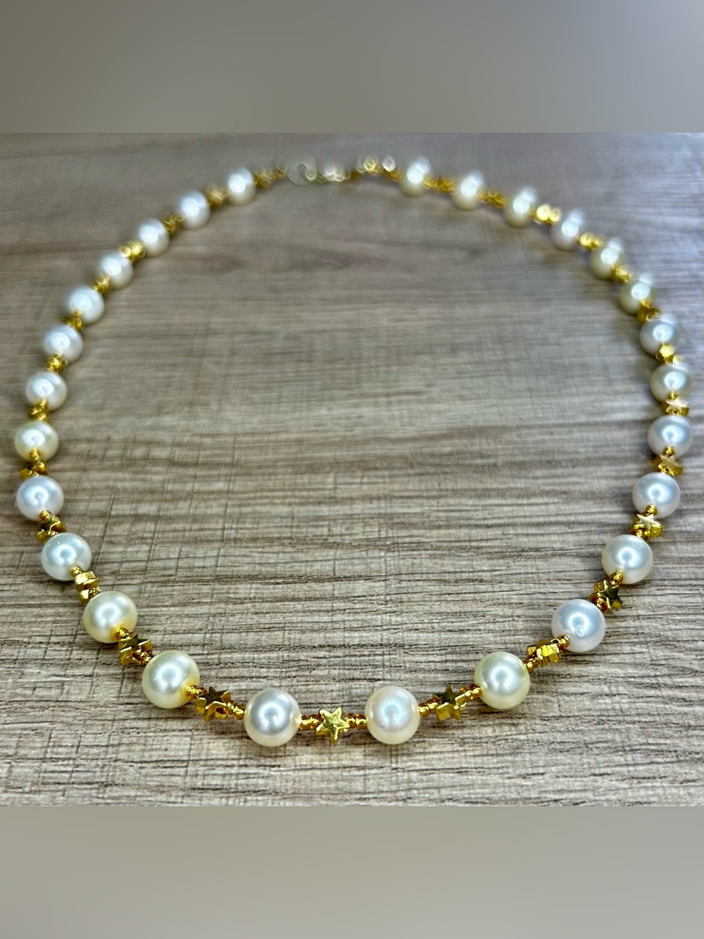 Faux Pearl and Gold Star Beaded Necklace Handmade